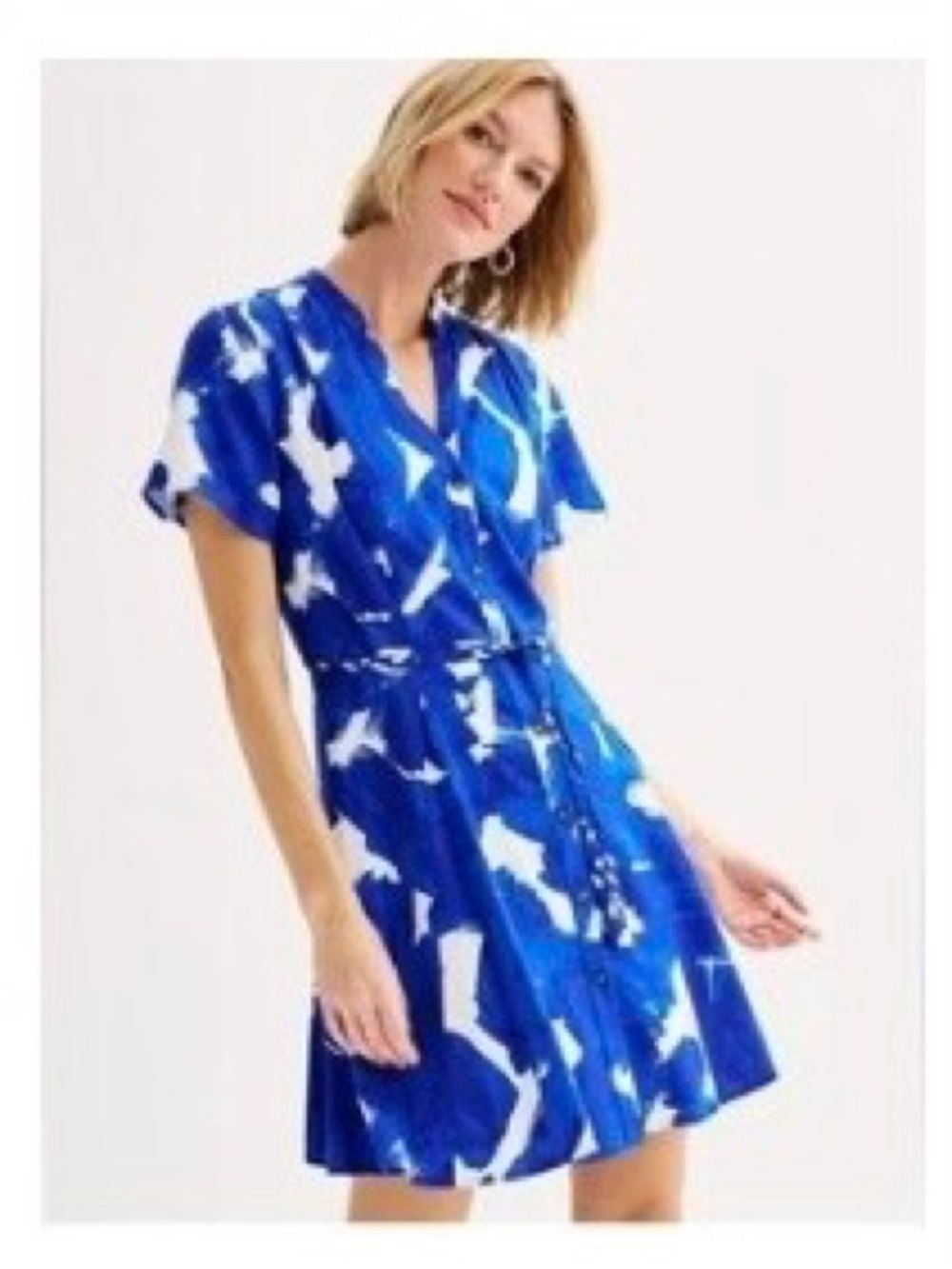 Artsy Dress Nine West Linen Blend Blue & White Button-Front